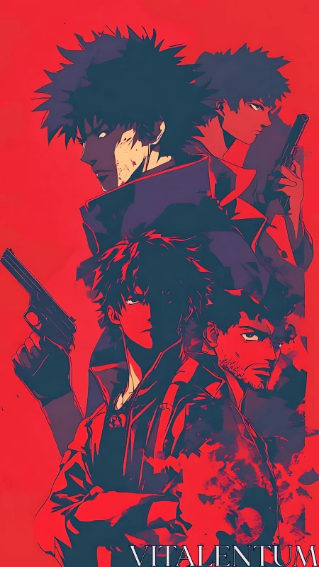 Neo-noir anime gunfighters stand layered in crimson shadows