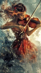 Violinist commands swirling water and flame in motion.
