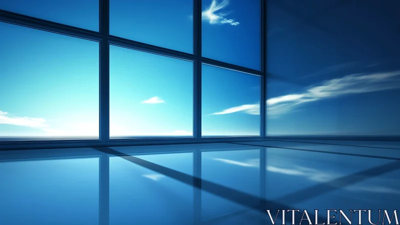 Minimalist glass interior with blue sky reflection.