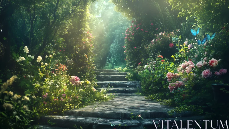 Enchanted stone garden path framed by lush roses and light.