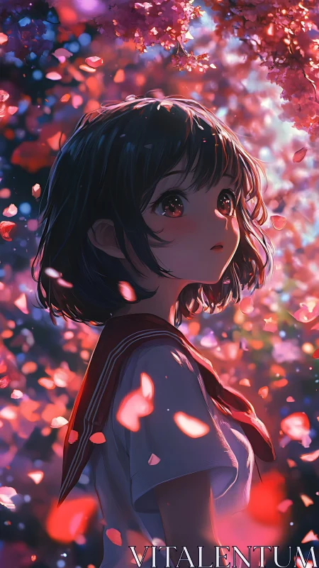 Anime schoolgirl stands under cherry blossoms with petals