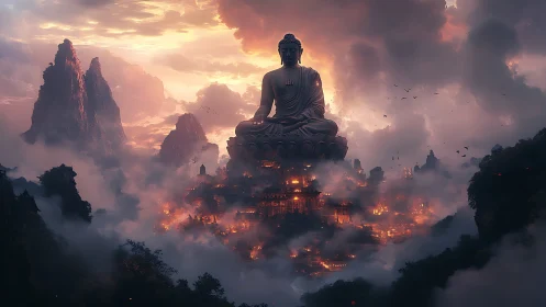 Colossal Buddha over glowing mountain temple city at dusk.