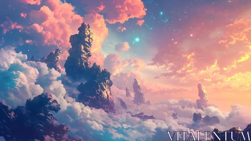 Skyward citadels drift through nebula-kissed sunset clouds.