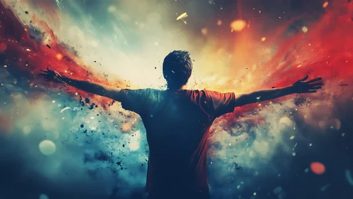 Silhouette figure with outstretched arms amid abstract light field.