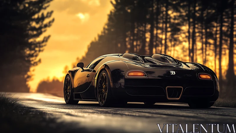 Midnight-black hypercar quietly stalks a molten forest sunset