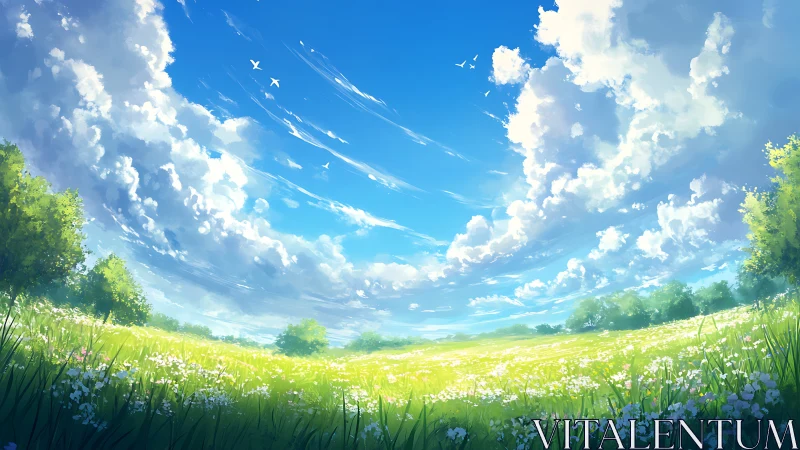 Sunlit wildflower meadow opens beneath a vast summer sky