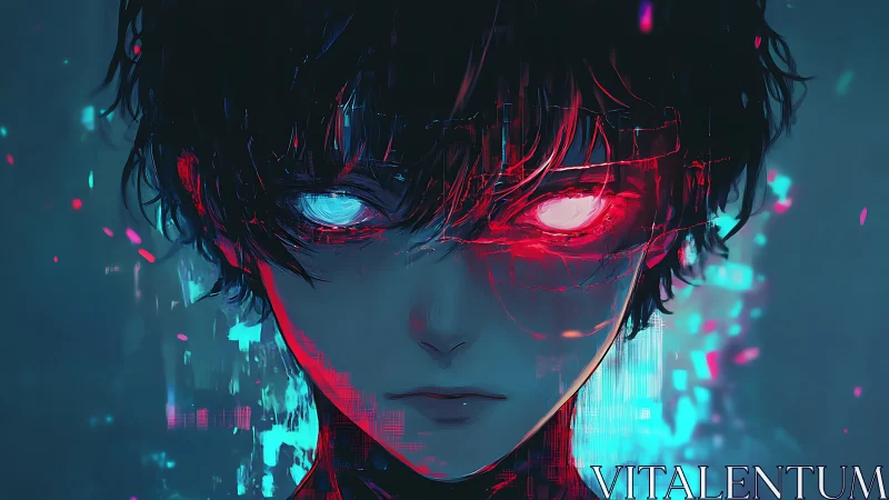 Glowing cyber gaze reveals a powerful, conflicted spirit