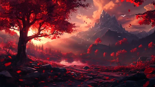 Sunset illuminates red forest valley with distant mountains