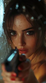 Tense close-up portrait of woman aiming handgun forward.