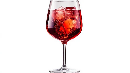 Deep red carbonated beverage with ice cubes in wine glass