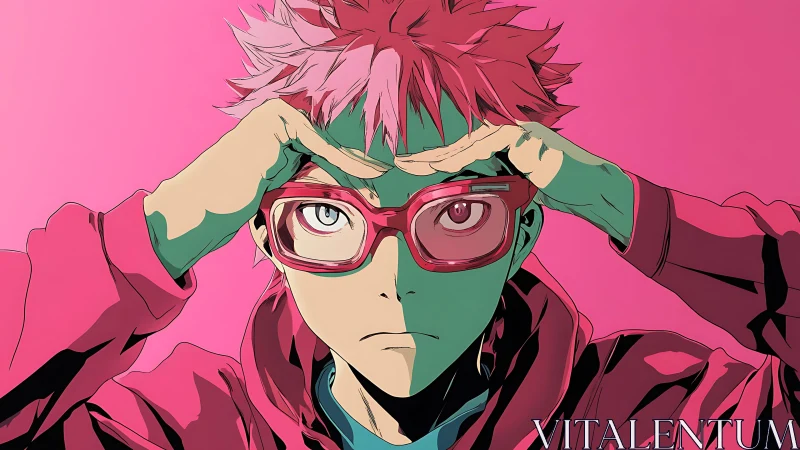 Pink haired anime character with glasses in frontal view.