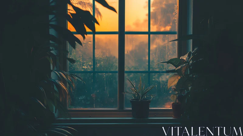 Digital painting of windowlit houseplants in warm sunset glow.