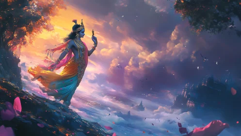 Divine figure walking above misty landscape at sunset.