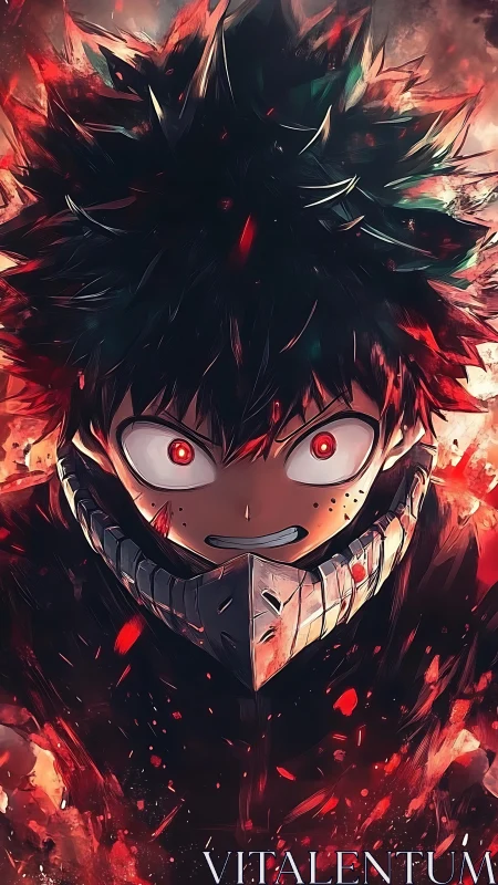 Intense anime portrait depicts masked boy amid eruptive embers