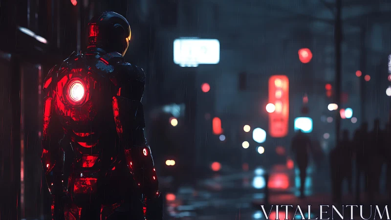 Neon rain sentinel in scarlet armor haunts cyberpunk streets.