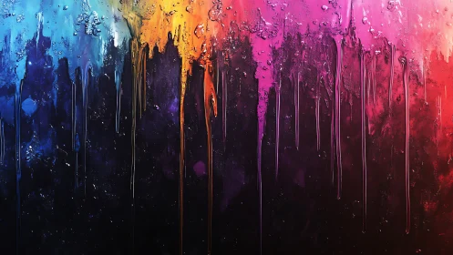 Vertical drips of multicolored paint flow down dark surface