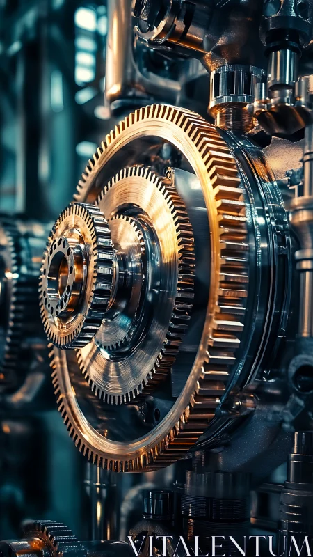 Intermeshed metallic gear assembly is shown in close detail