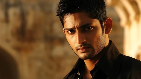 Brooding gaze in molten sunset light, sharpened by shadow.