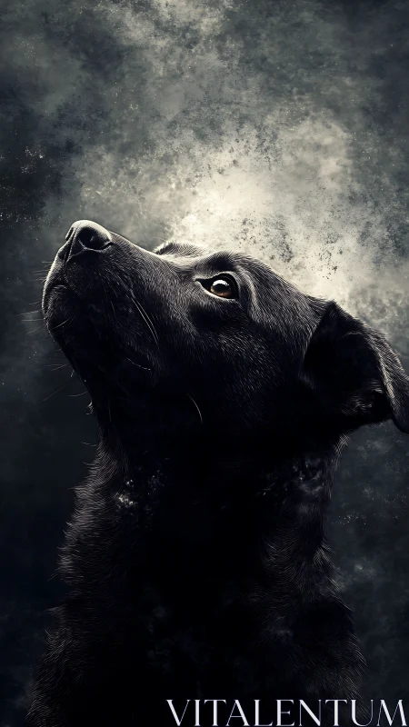 Gentle black dog gazing upward in soft dreamlike light.