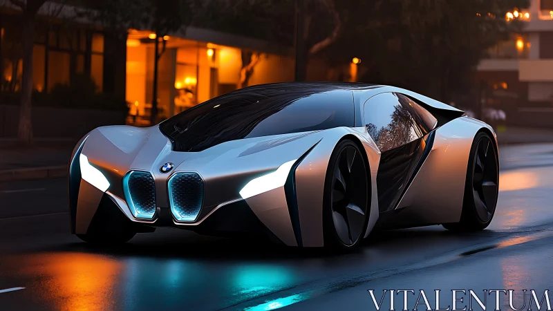 Futuristic BMW concept car glows on a wet city street.