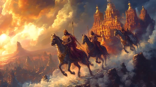 Mythic warriors on horseback charge before golden temple