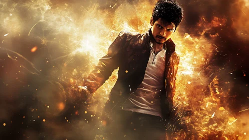 Male figure in dynamic pose amid stylized fiery backdrop.