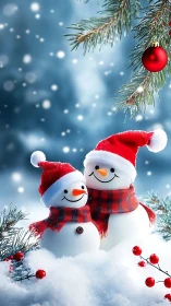 Smiling snowmen share cozy cheer in a sparkling snowfall