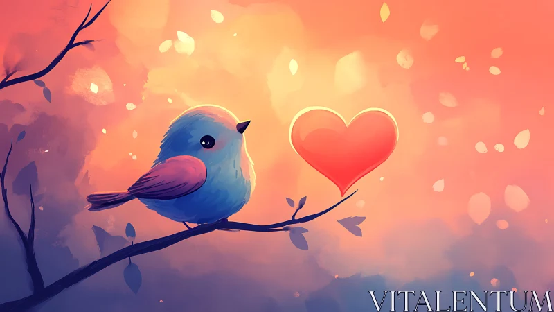 Blue Bird with Heart on Sunset Branch.