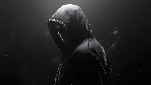 Hooded figure in dramatic side light with monochrome smoke field.