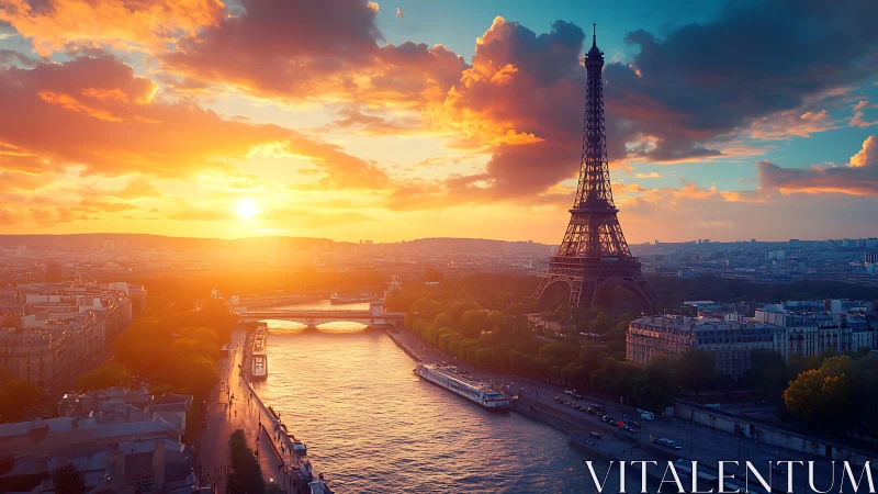 Eiffel Tower and Seine under low sun with dense cloud cover.