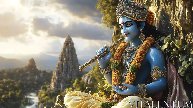 Divine blue deity with flute amidst sunlit temple landscape.