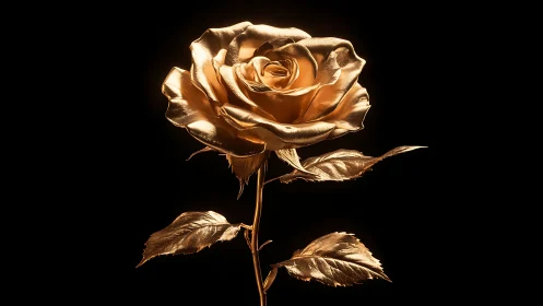Metallic gold rose on black background with specular highlights