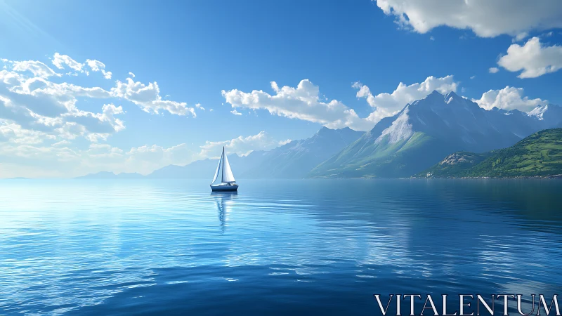 Solitary white sail drifts through mirrored blue mountain silence