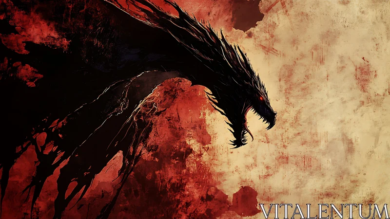 Silhouetted dragon head over textured red background.