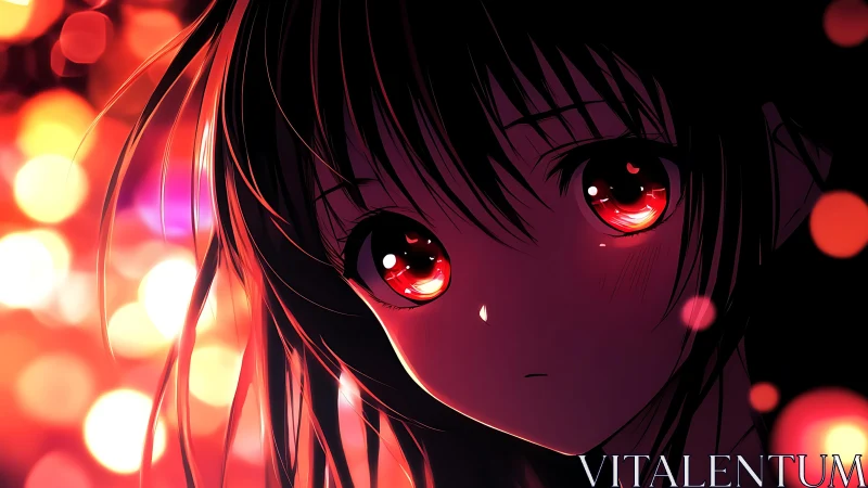 Luminous anime girl portrait amid crimson bokeh lights.