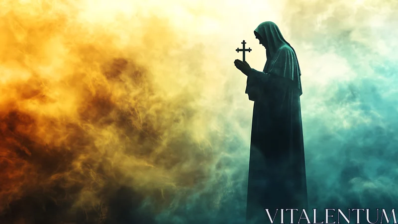 Hooded religious figure holds cross amid dense colored fog