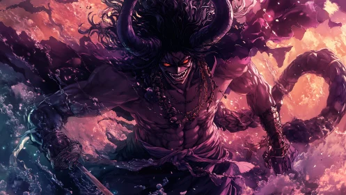 Demonic horned warrior erupts from storming ocean in fury.