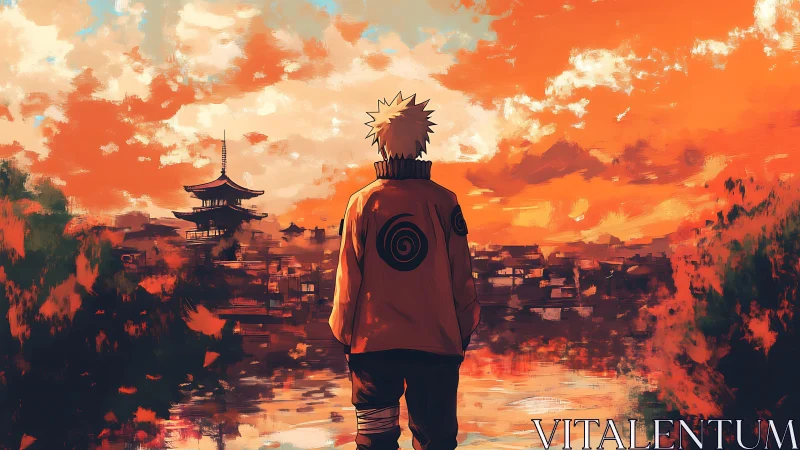 Solitary shinobi overlooking sunset-drenched painted city.