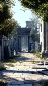 Photorealistic render of sunlit classical ruins corridor scene.