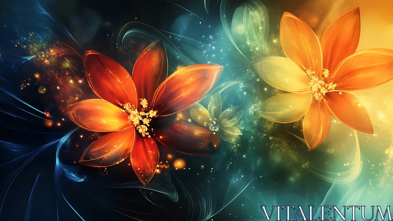 Glowing abstract flowers float over swirling light field