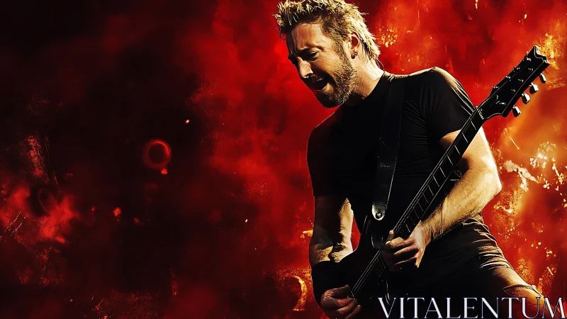 Rock guitarist in dynamic stage pose against fiery abstract backdrop.
