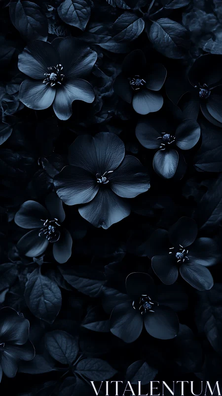 Midnight Blue Flowers in Moody Dark Garden Composition.