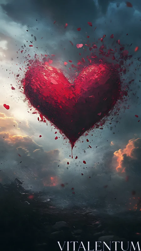 Heart Disperses Into Fragmented Particles Against Dramatic Sky