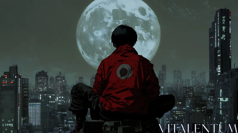 Lone red rider broods above neon city beneath colossal moon.