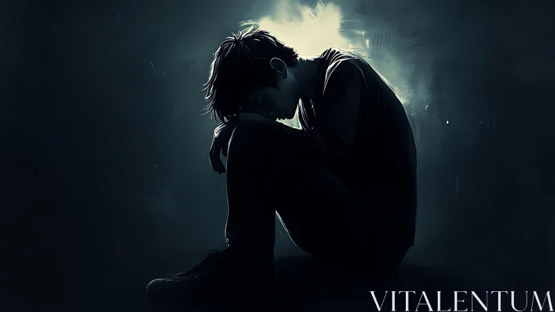 Solitary figure curls inward amid a haunting teal glow