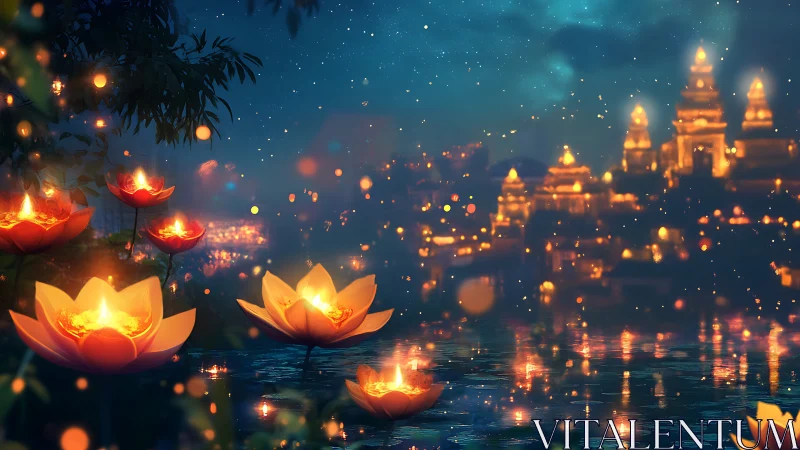 Floating lotus lanterns glow before distant golden temples.