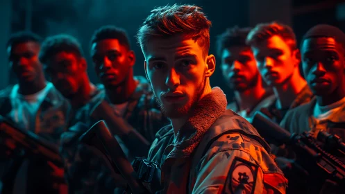 Group of armed soldiers stands in dramatic colored lighting