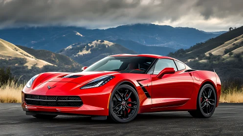 Red sports coupe parked on mountain road under overcast sky.
