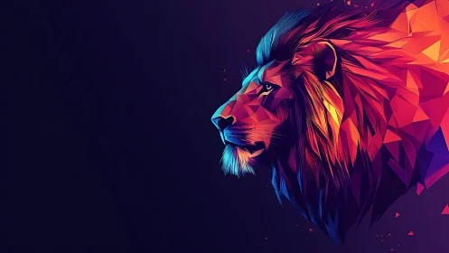Geometric neon lion head on dark gradient background.