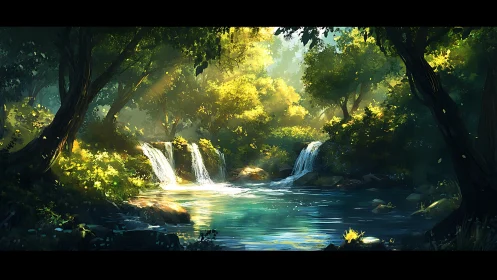 Forest Waterfall Landscape with Dual Cascades and Verdant Canopy